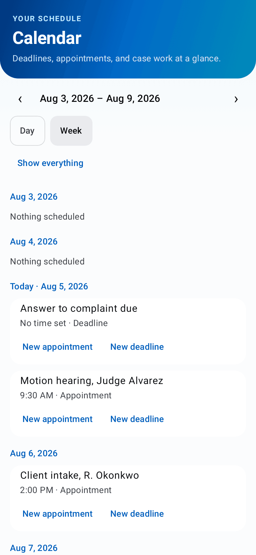 OCM mobile weekly calendar view