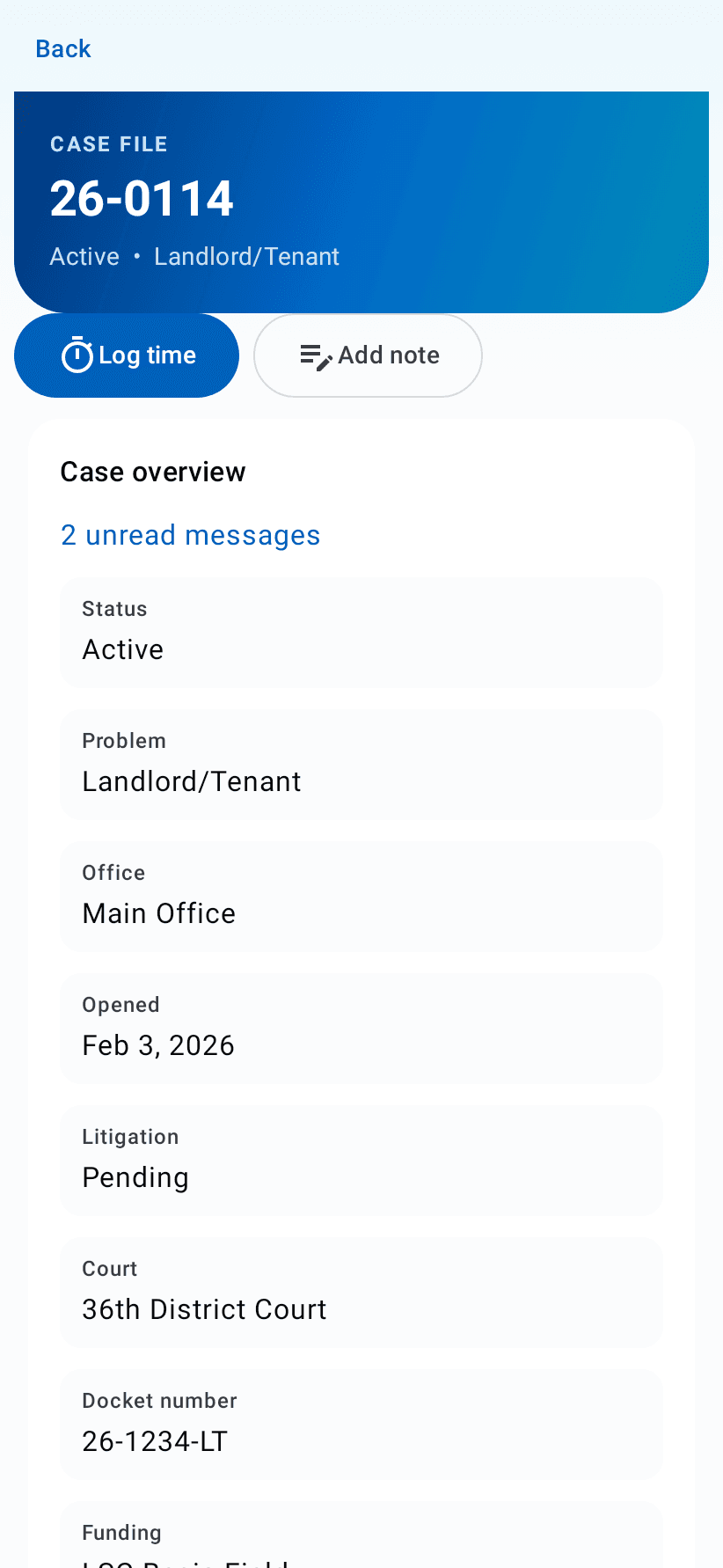 OCM mobile matter detail with case overview and quick actions