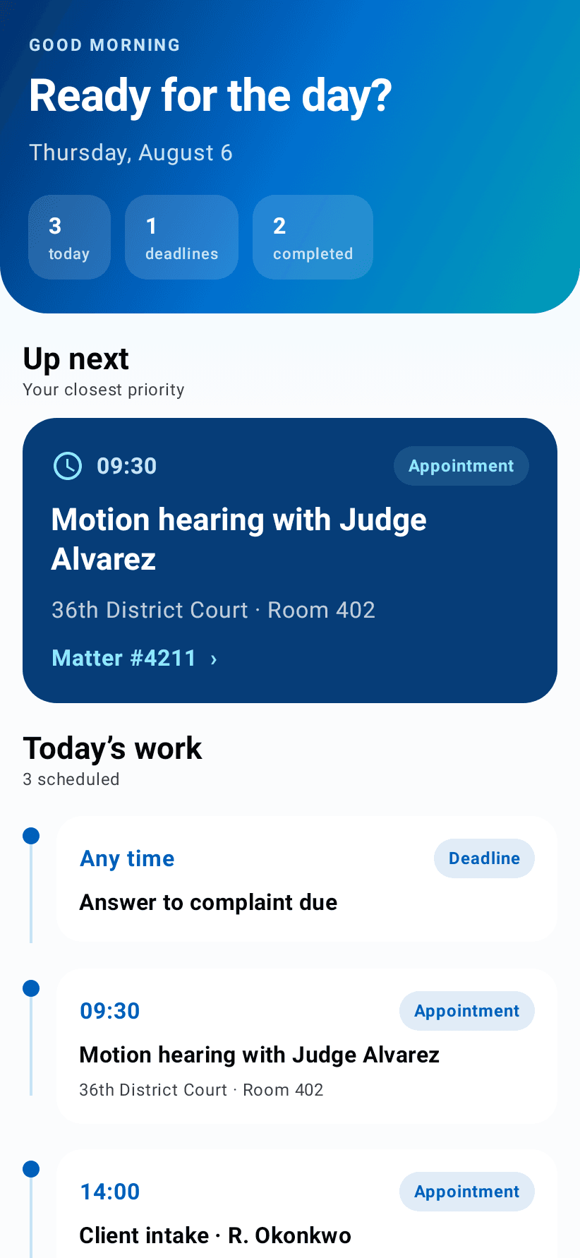 OCM mobile Home screen showing a daily agenda and next court hearing