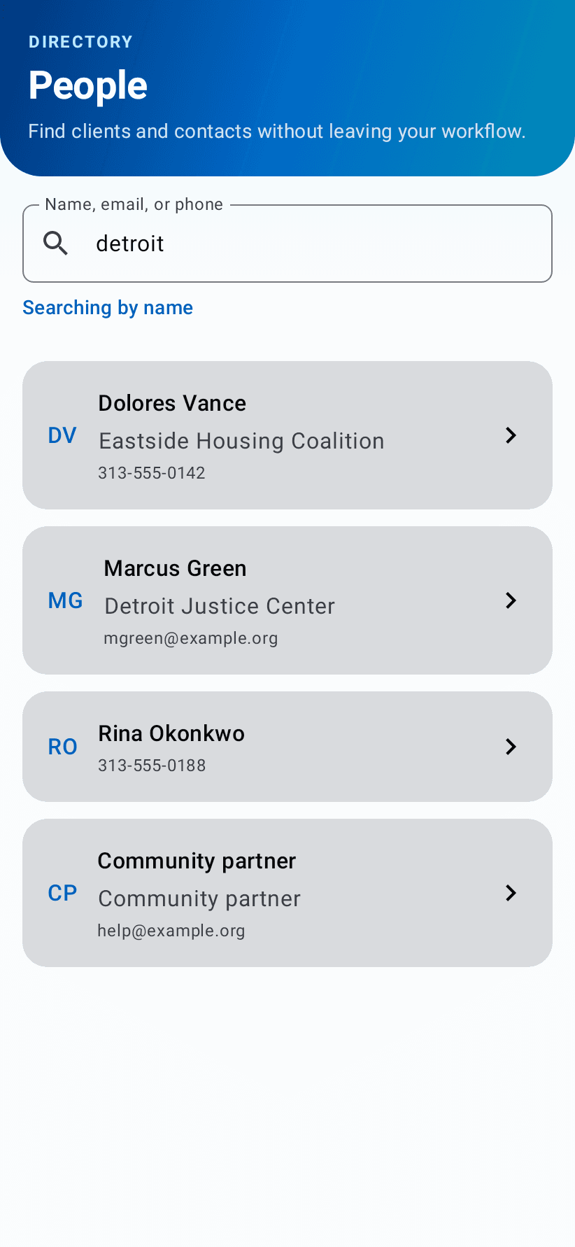 OCM mobile people directory search results